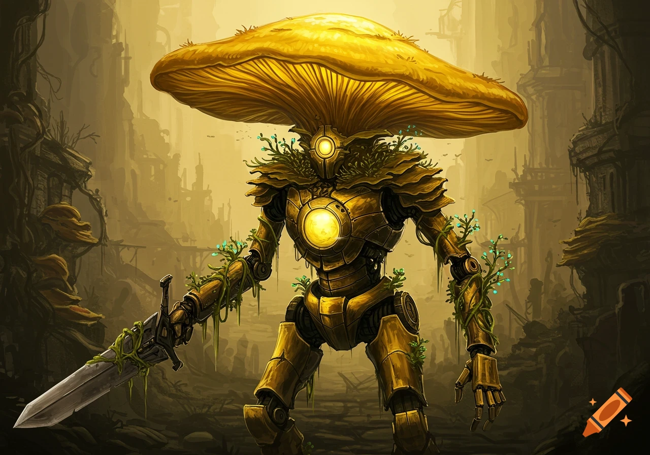 A gold solarpunk robot with a large yellow mushroom for a head holds a sword in a ruined, overgrown city, in a dark fantasy style.
