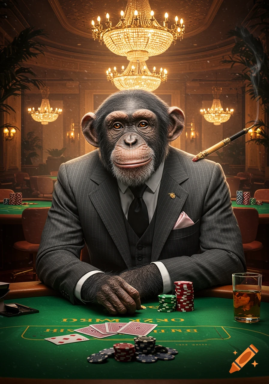 A photorealistic chimpanzee in a pinstripe suit sits at a green casino poker table with chips and cards under golden chandeliers.