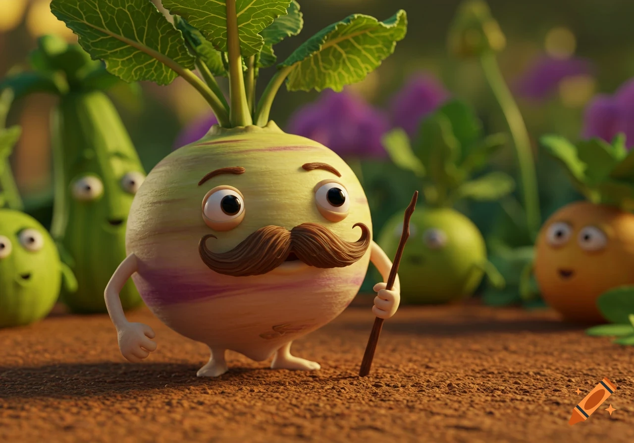 CGI cartoon turnip character with a mustache and googly eyes holding a stick, standing in a garden with other animated vegetables.