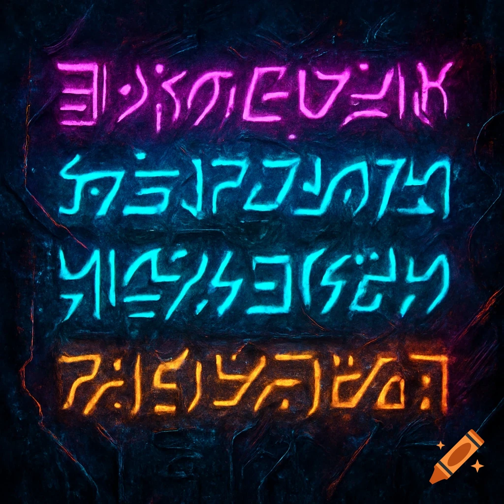 Four lines of glowing, futuristic alien symbols on a dark, textured surface, in neon magenta, cyan, and orange.