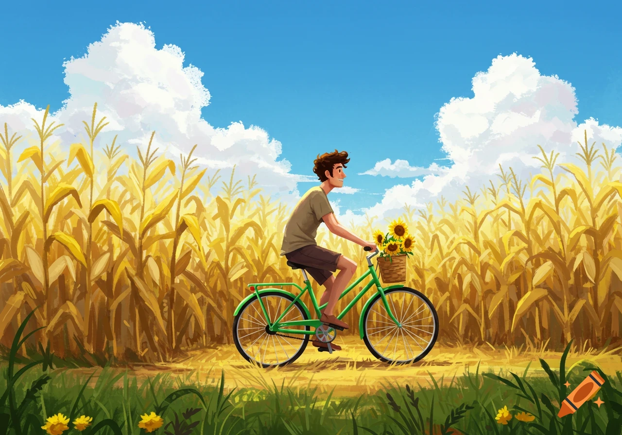 An illustration of a man riding a green bicycle through a golden cornfield with a basket of sunflowers under a bright blue sky.