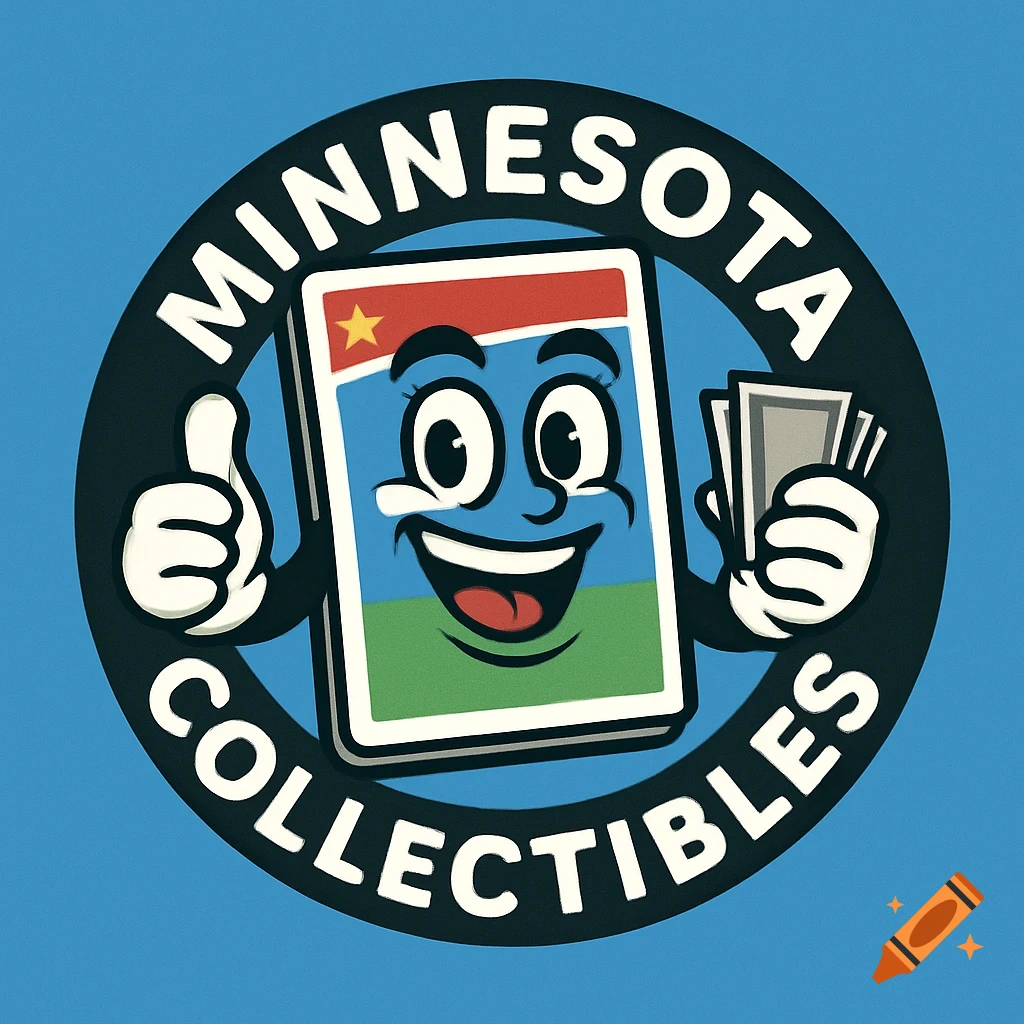 A circular logo with a cartoon playing card mascot giving a thumbs up and holding cards, with text 'MINNESOTA COLLECTIBLES' around it, on a blue background.