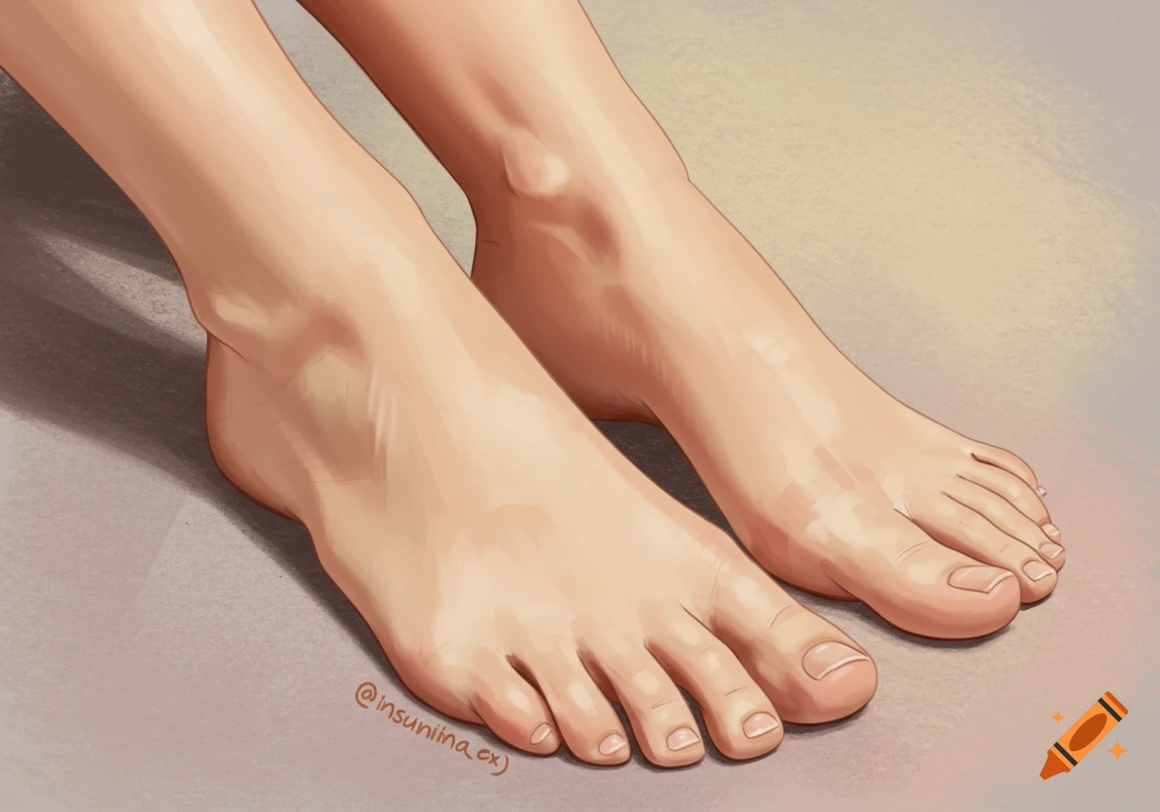 Two bare human feet are depicted from a slightly elevated angle on a light gray surface, rendered in a detailed digital art style.