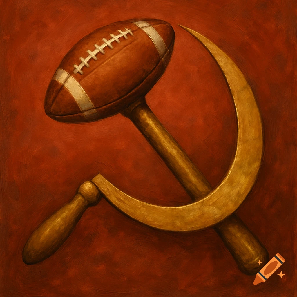 A painting of an American football serving as the head of a hammer, crossed with a sickle, on a textured red background.