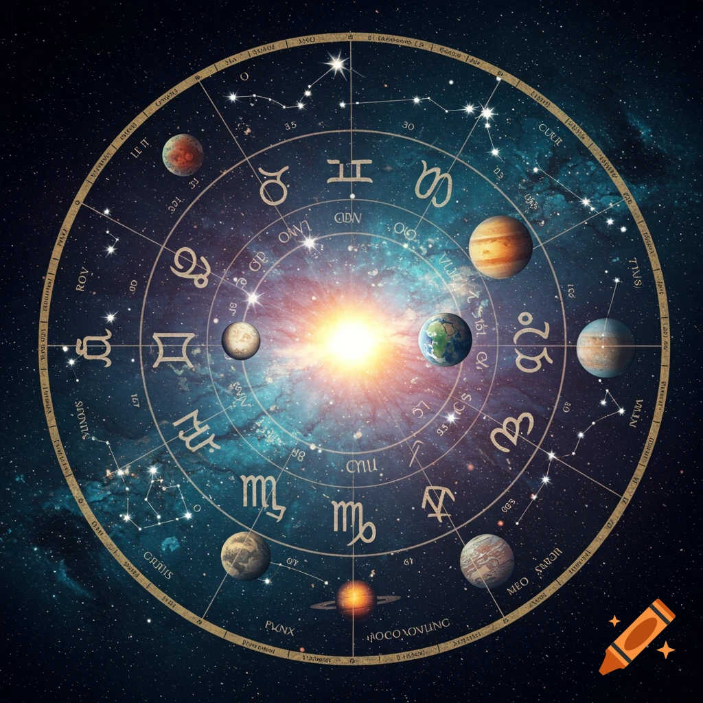 A detailed astrological chart with zodiac signs, planets, and constellations against a vibrant galaxy background.