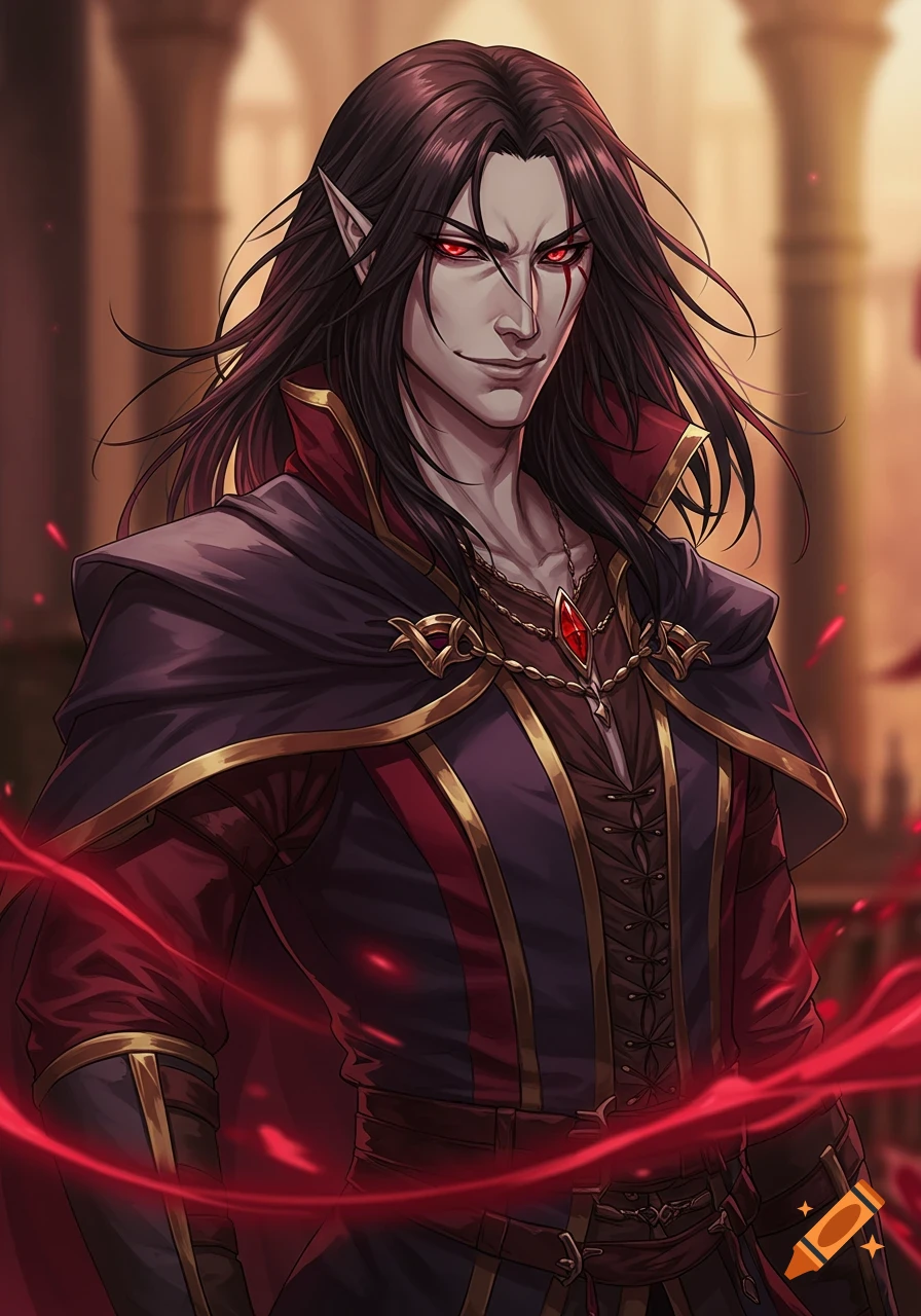 Anime-style portrait of a male vampire with long dark hair, red eyes, and pointed ears, wearing a dark red and gold outfit.
