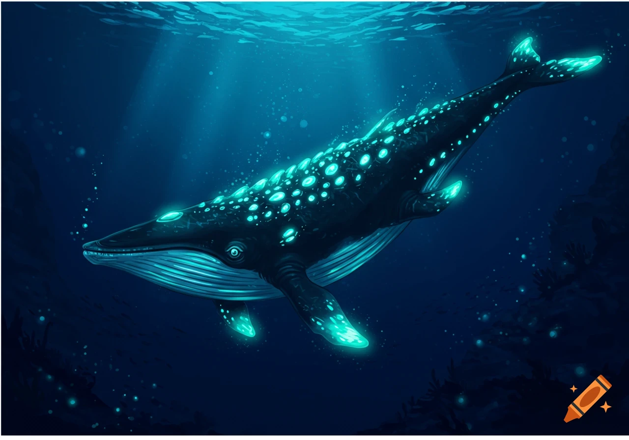 A bioluminescent whale swims in the deep blue ocean, illuminated by light rays from above.
