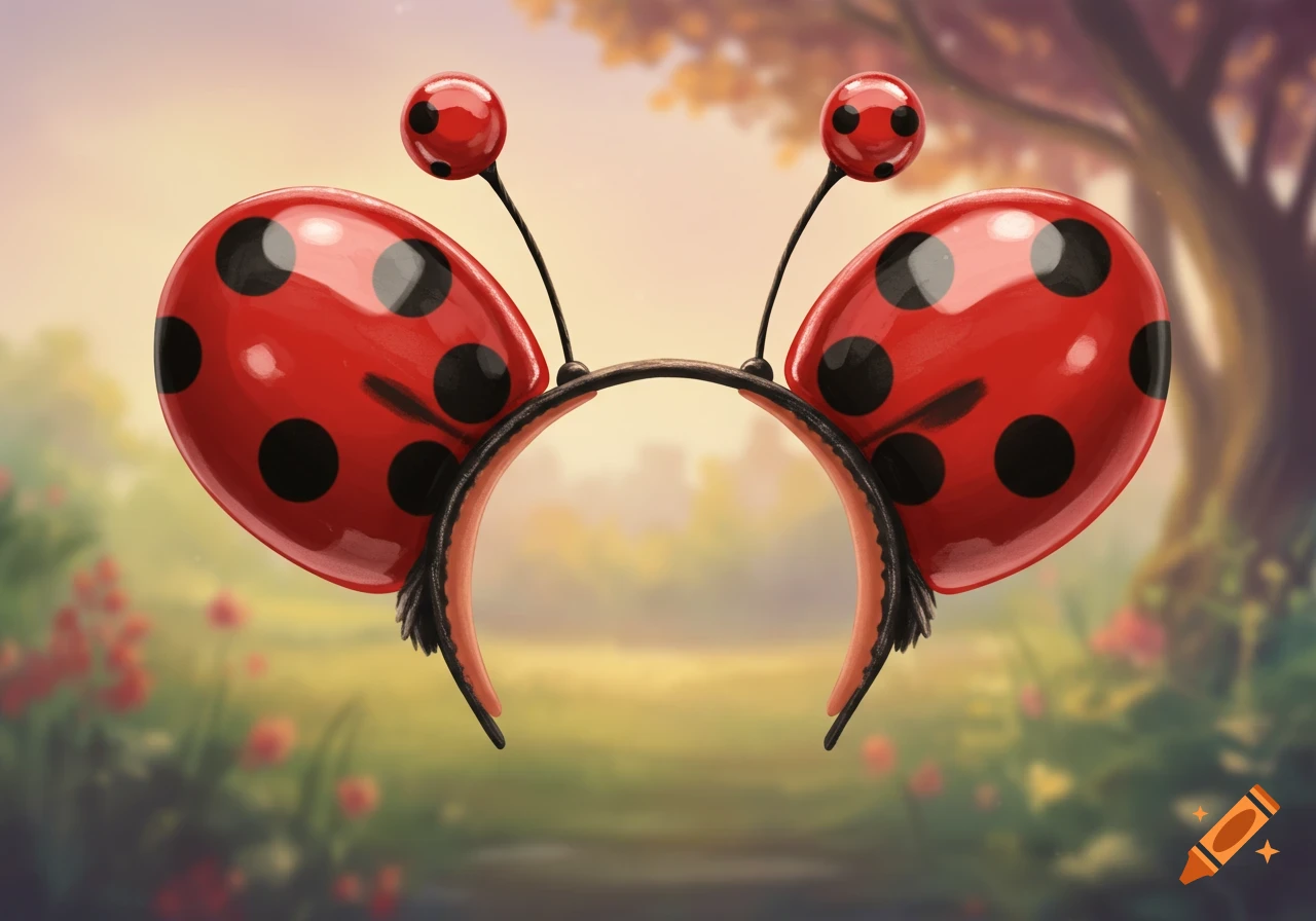 A bright red ladybug headband with black spots and antennae against a soft, blurred nature background.