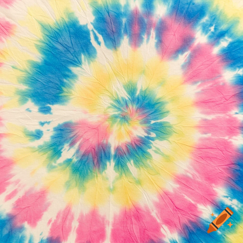 A vibrant tie-dye pattern with a spiral of pink, blue, and yellow colors on a white background.