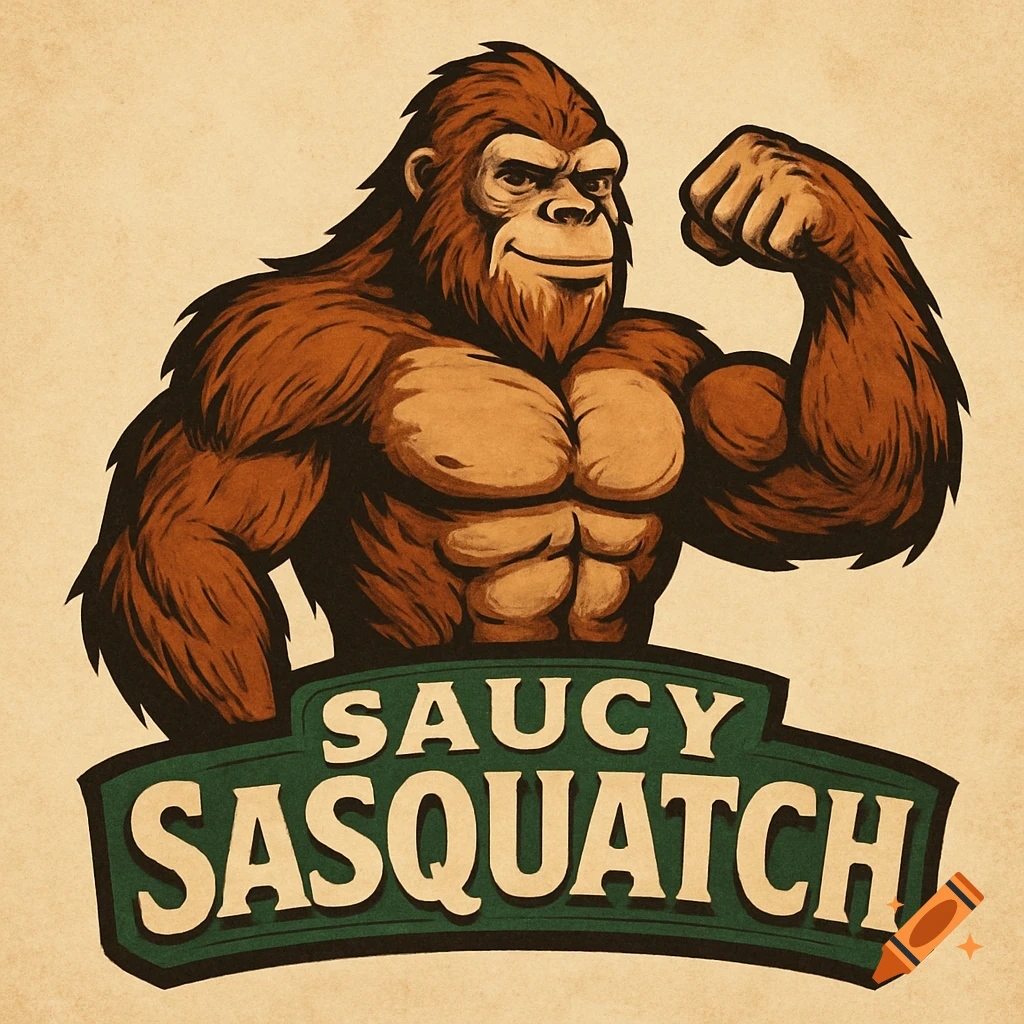 A muscular, brown cartoon Sasquatch or Bigfoot character flexing its bicep, with a green banner below it reading 'SAUCY SASQUATCH' in a vintage illustration style.