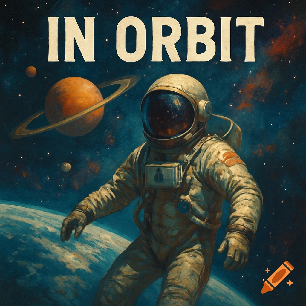 An astronaut floats in space above Earth with Saturn and another planet visible, under the text 'IN ORBIT', in a vintage poster style.