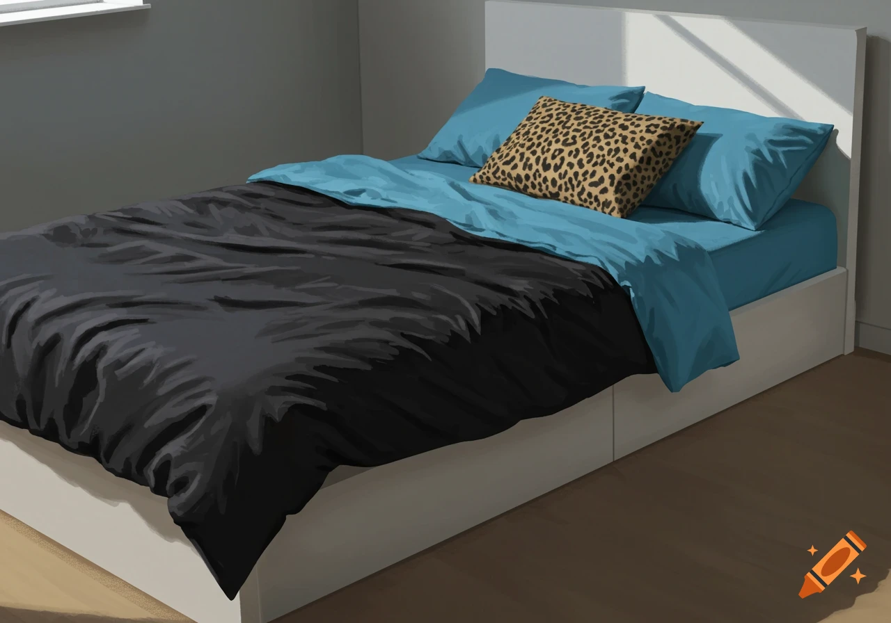 A digital painting of a bed with a black comforter, blue sheets, and a leopard print pillow in a sunlit room.