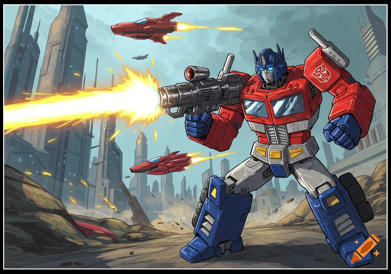 Optimus Prime, a red and blue robot, fires a laser blaster at flying red jets in a futuristic city, in a comic book art style.