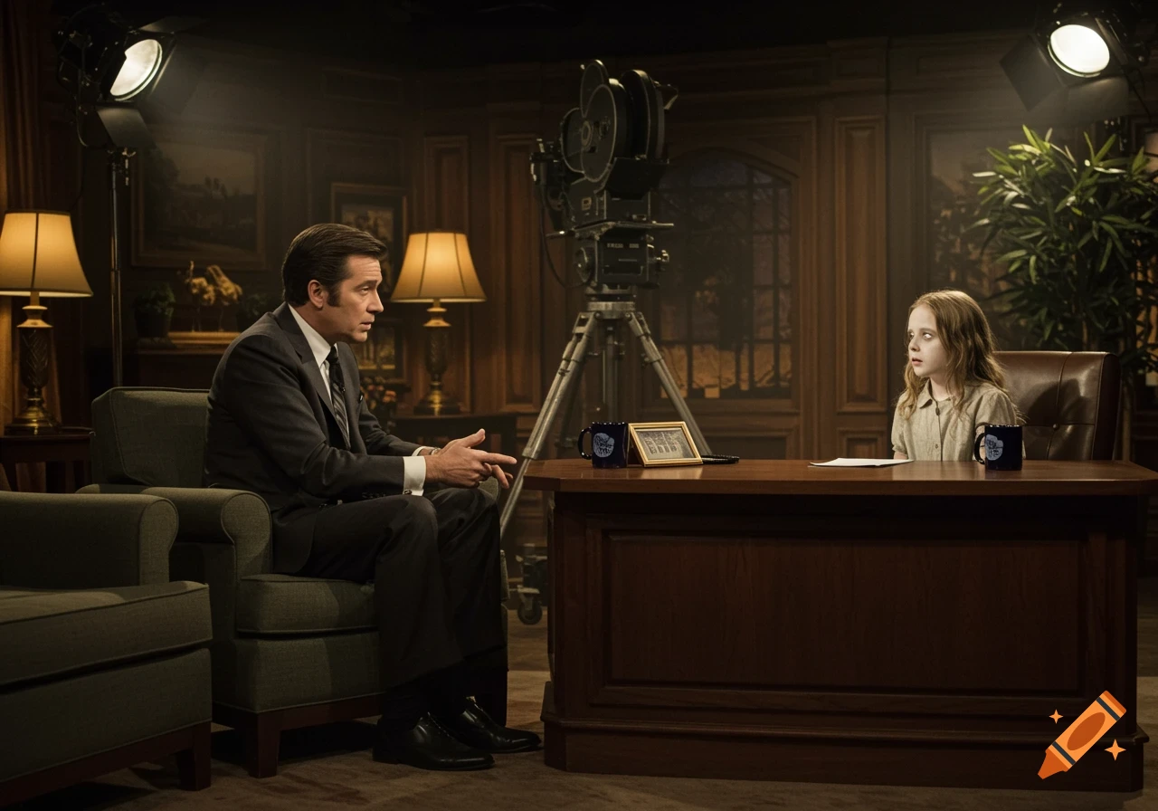 A man in a suit interviews a pale young girl across a desk in a dark, wood-paneled room with vintage television equipment.