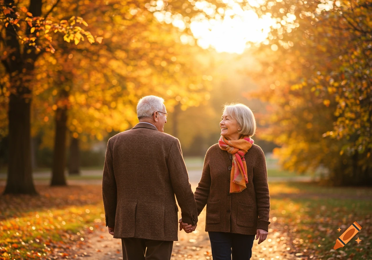 A senior couple holding hands and walking in a park during autumn with warm golden hour lighting.