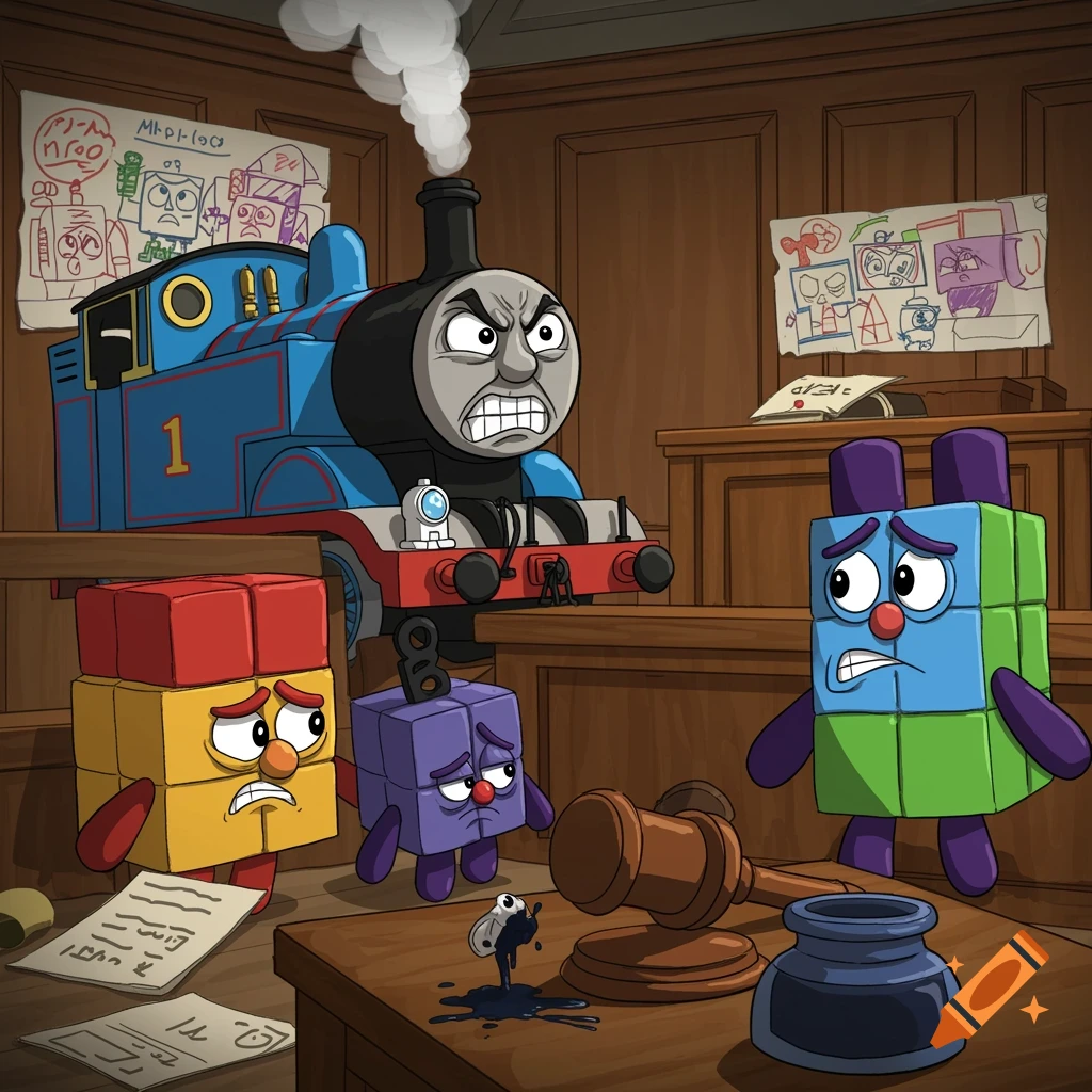 Thomas the Tank Engine, with an angry expression, stands behind a desk in a courtroom, looking at sad Numberblocks characters. Two other Numberblocks characters stand distressed near a spilled inkwell and gavel.