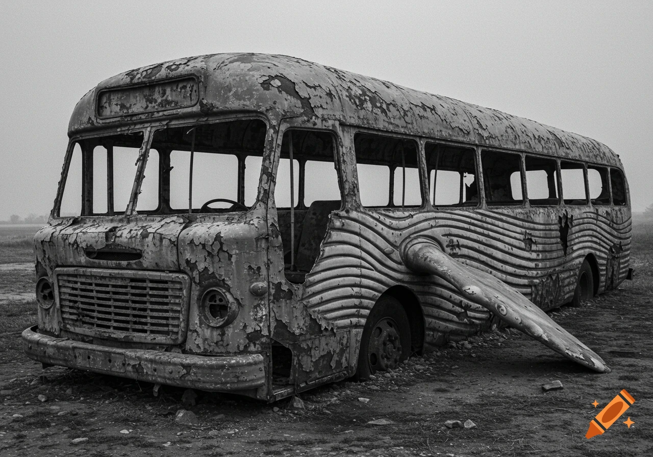 A surreal, greyscale image of a heavily rusted bus with peeling paint, fused with wave-like whale skin, abandoned in a desolate field.