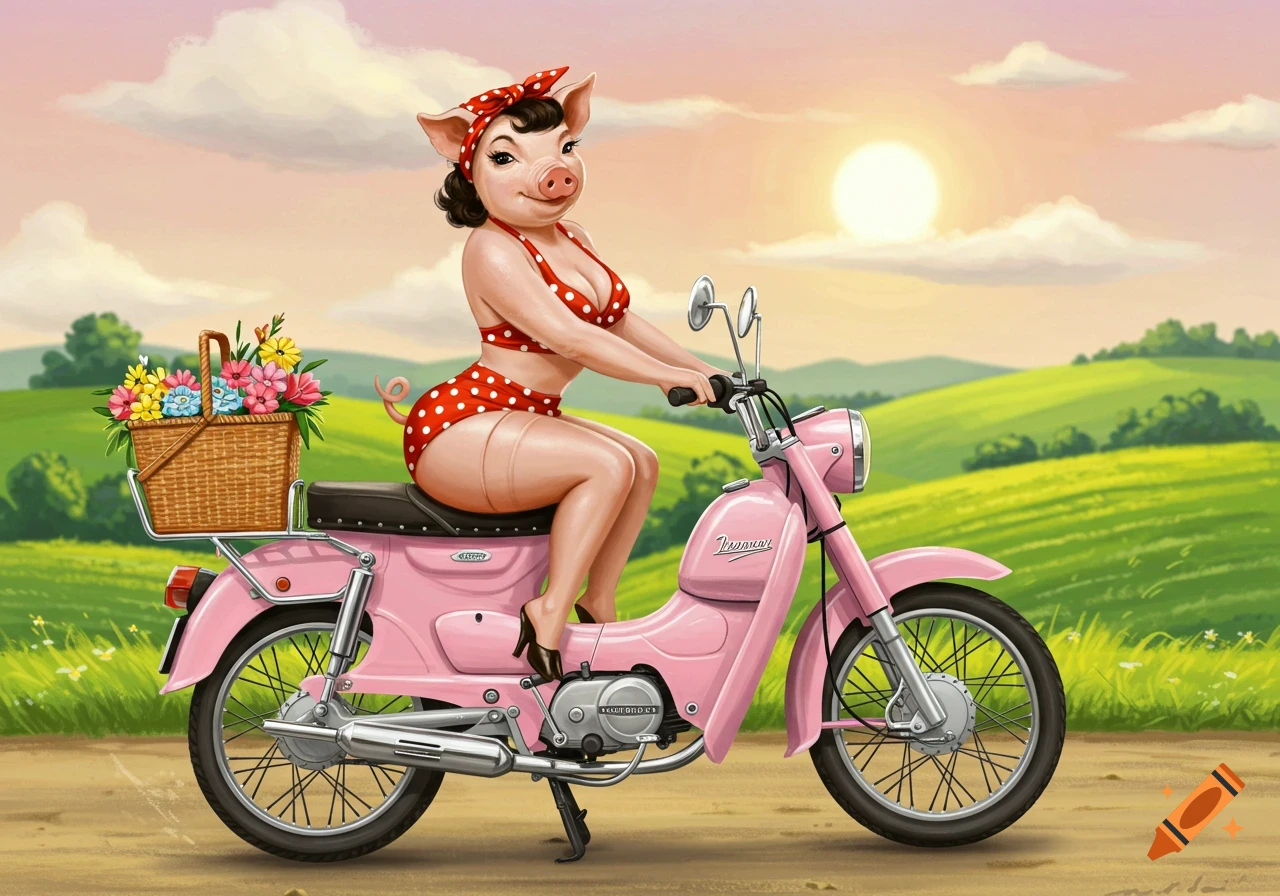 A pin-up style cartoon pig in a red polka dot bikini rides a pink moped with a flower basket through a sunny, green countryside.