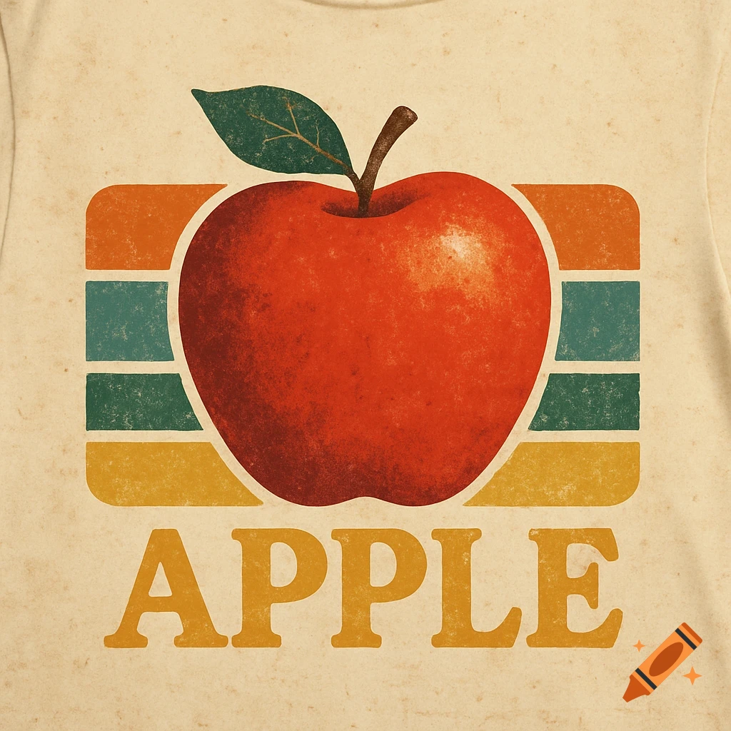 Retro t-shirt design featuring a red apple with horizontal stripes and the word APPLE on a textured background.