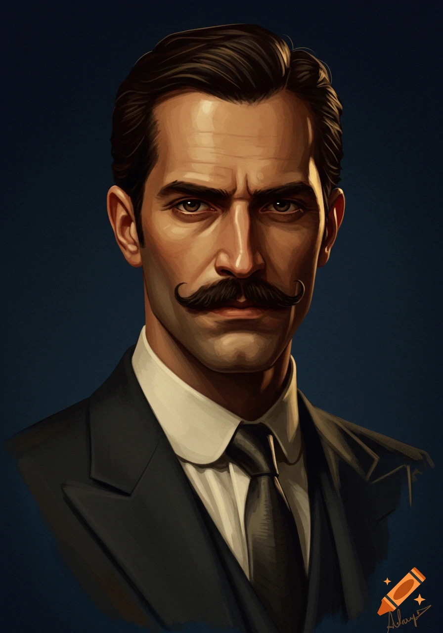 Stylized illustration of a man with a dark handlebar mustache and a serious expression, wearing a suit against a dark background.