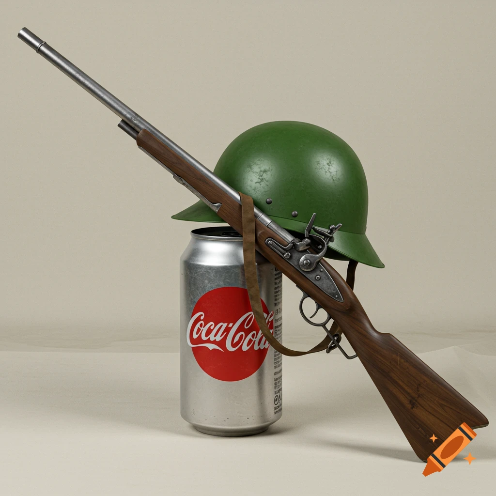 A musket with a brown sling rests against a green military helmet placed on top of a silver Coca-Cola soda can.