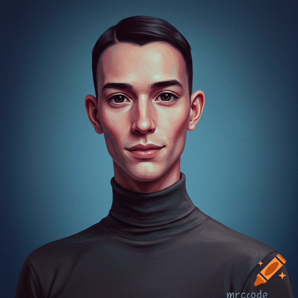 A digital painting portrait of a young man with dark hair wearing a black turtleneck against a blue background.