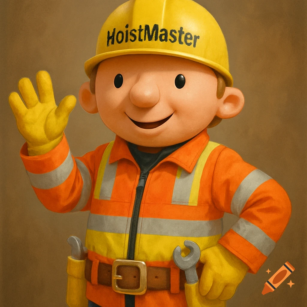 A cartoon construction worker wearing a yellow hard hat with 'HoistMaster' written on it, an orange safety vest, and yellow gloves, smiling and waving.