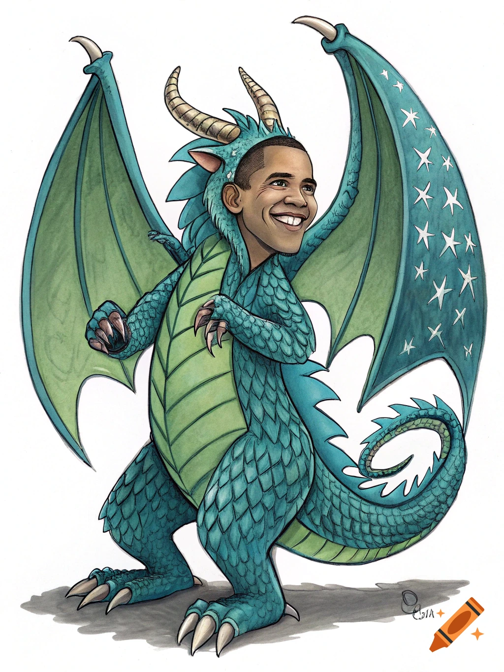 Cartoon illustration of Barack Obama's head on a green and blue dragon with large wings and horns, smiling.
