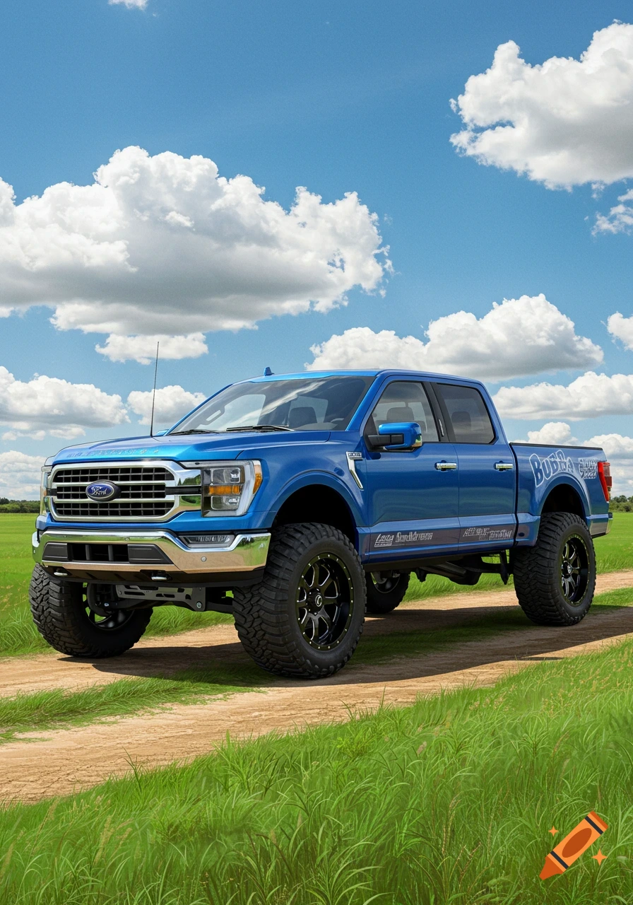 A large blue Ford F-150 pickup truck with large off-road tires parked on a dirt path in a green field under a blue sky.