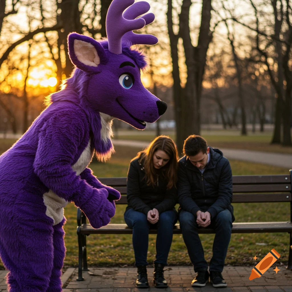 A purple reindeer fursuit stands over a sad couple on a park bench during sunset in a photorealistic style.
