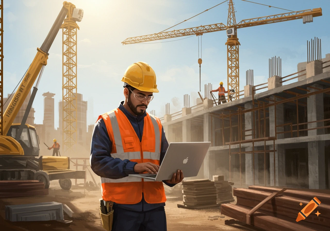 A construction worker in a hard hat and safety vest uses a laptop on a construction site with cranes and buildings.