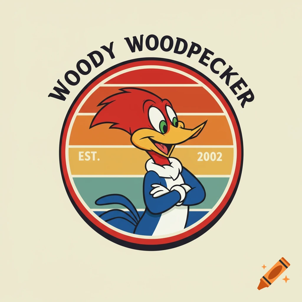 A cartoon logo of Woody Woodpecker with his arms crossed, inside a circular frame with retro sunset stripes and text 'WOODY WOODPECKER EST. 2002'.