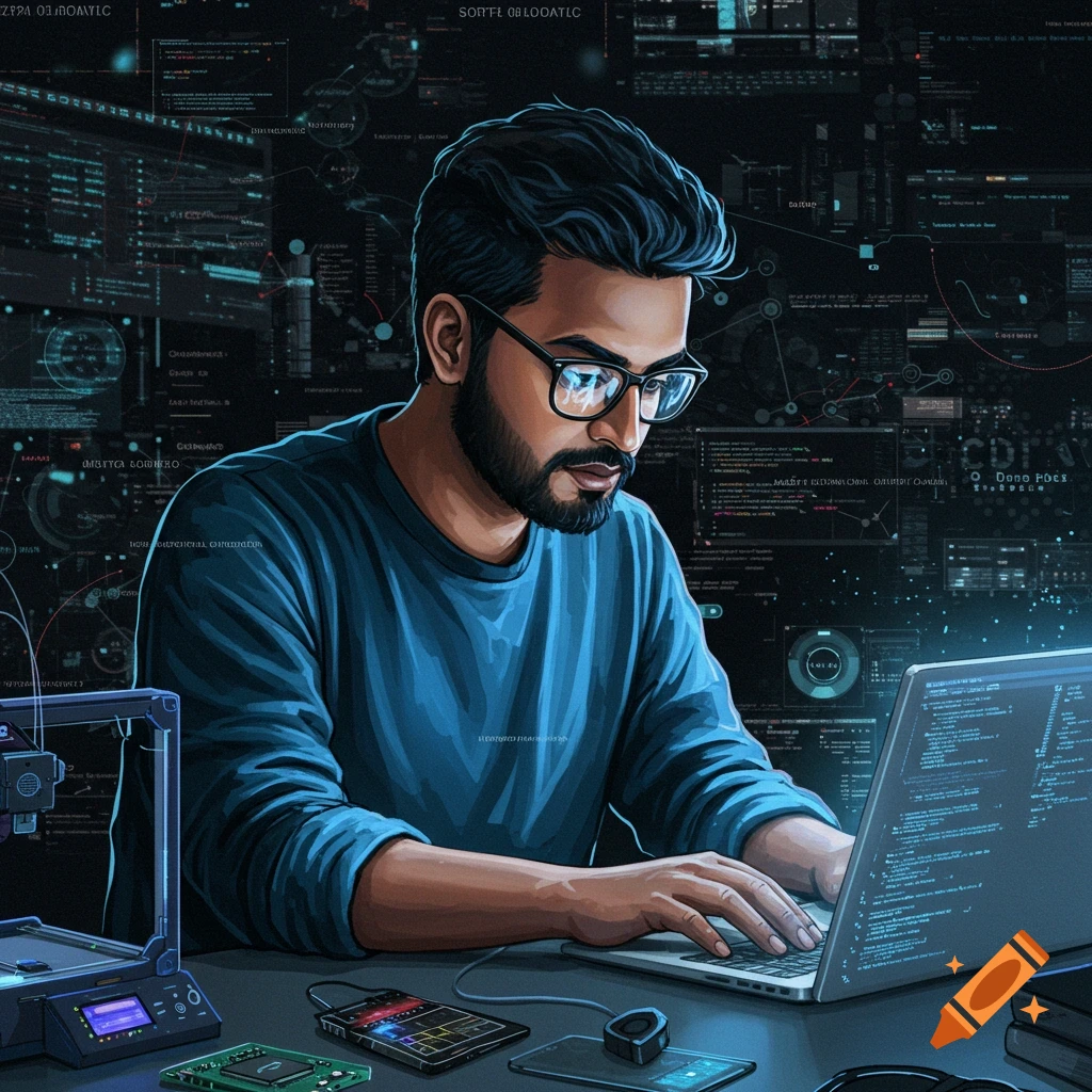 An illustrated man with glasses and a beard intently typing on a laptop, surrounded by screens displaying abstract code and data in a dark, high-tech setting.