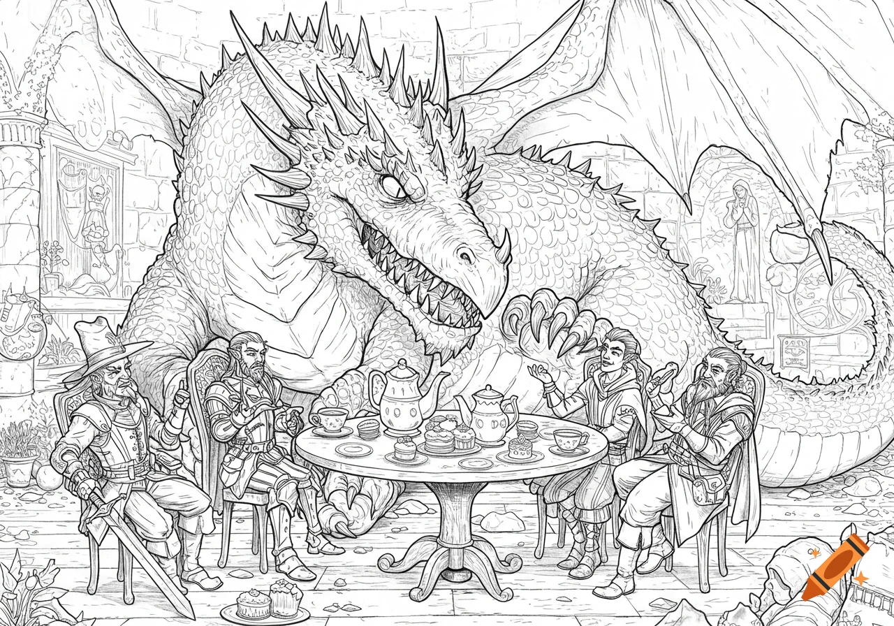 Black and white line art of a large dragon having a tea party with a group of adventurers in a fantasy setting.