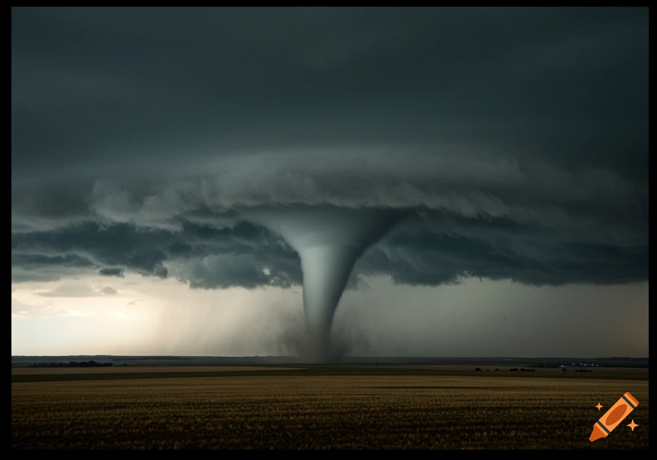 A large, photorealistic tornado descends from dark, stormy clouds over a vast golden field.