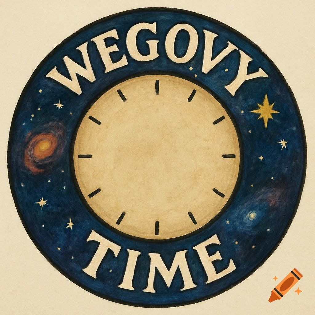 A circular logo resembling a clock with 'WEGOVY TIME' on a dark blue space background with stars and galaxies.