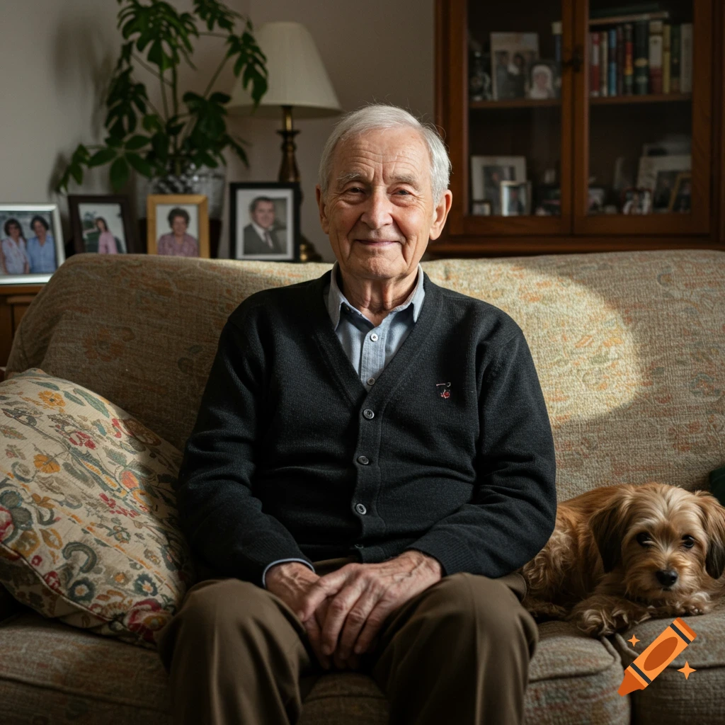 Photorealistic portrait of an elderly man with white hair smiling, sitting on a patterned couch with a small brown dog beside him in a cozy living room.