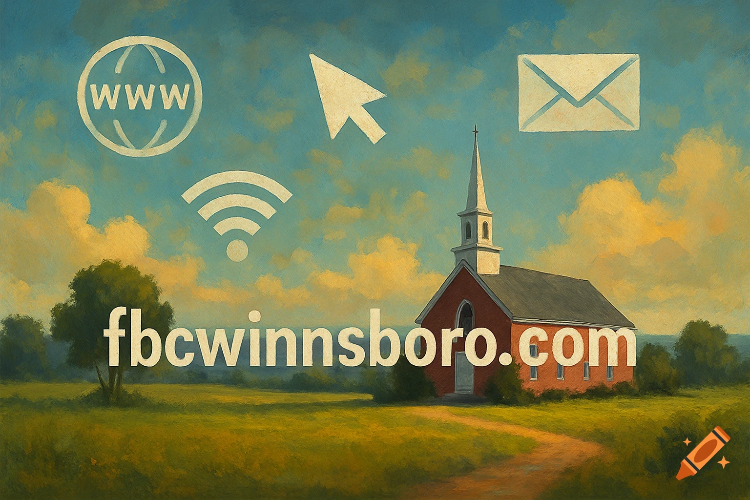 An oil painting of a red church in a green field with a dirt path, under a cloudy sky. Internet icons and 'fbcwinnsboro.com' are visible.