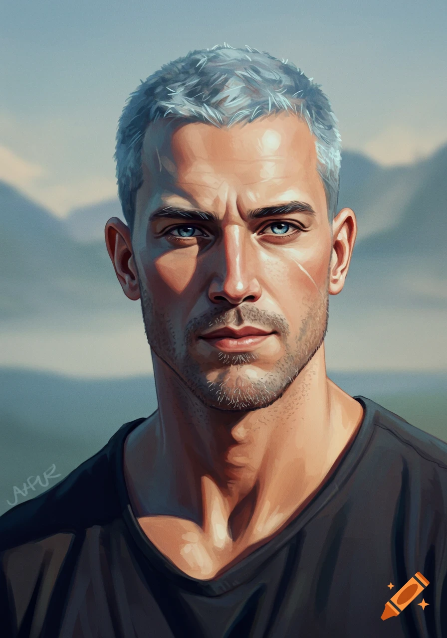 Digital art portrait of a man with short white hair, blue eyes, and a serious expression, against a blurred mountain background.
