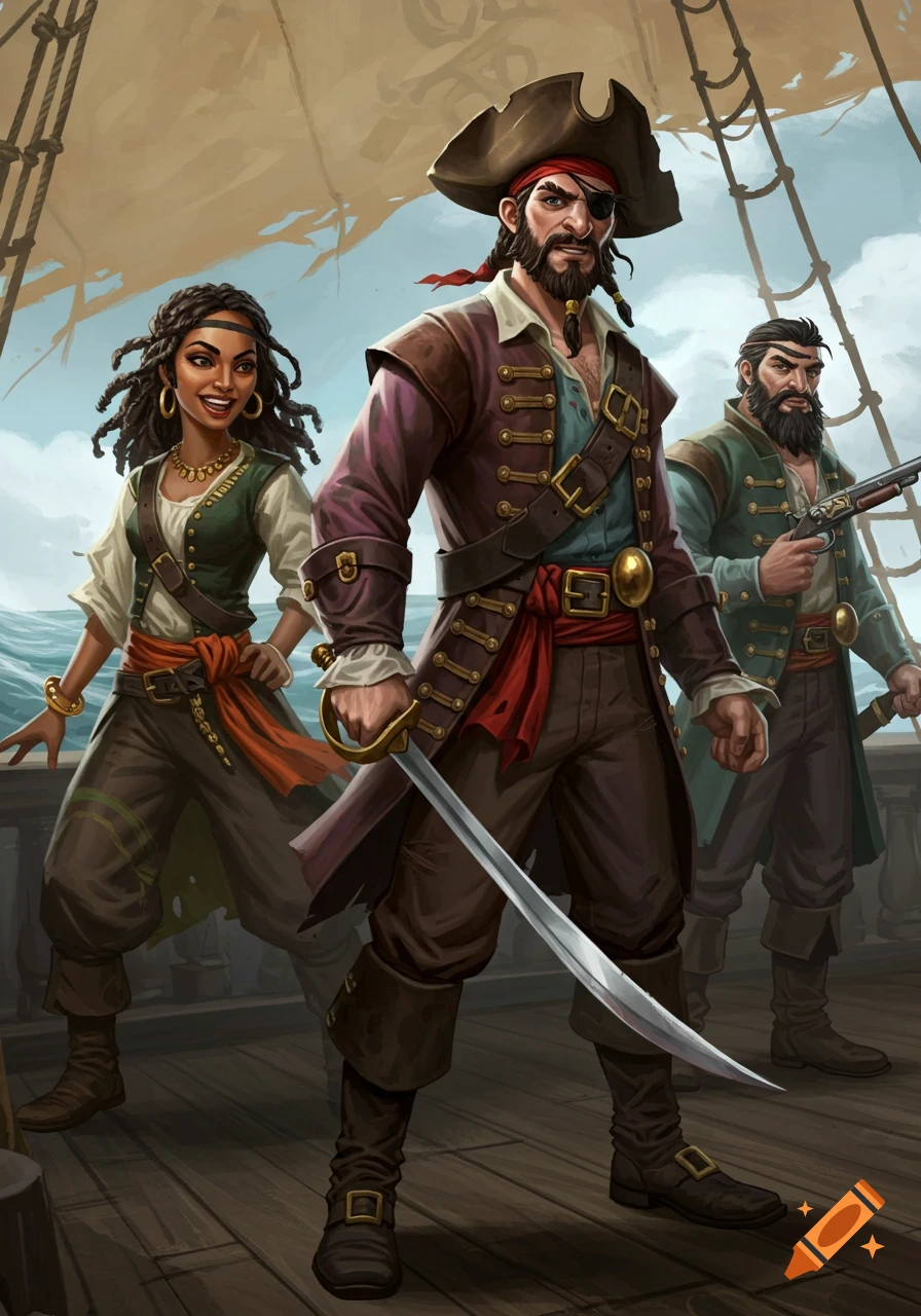 An illustration of three diverse pirates, two men and one woman ...