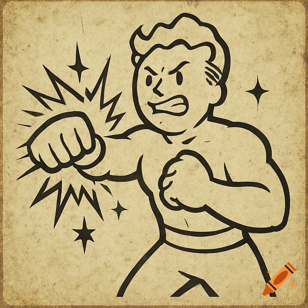 A stylized cartoon character, resembling Fallout's Vault Boy, is depicted mid-punch with a determined expression, surrounded by star-like sparks.