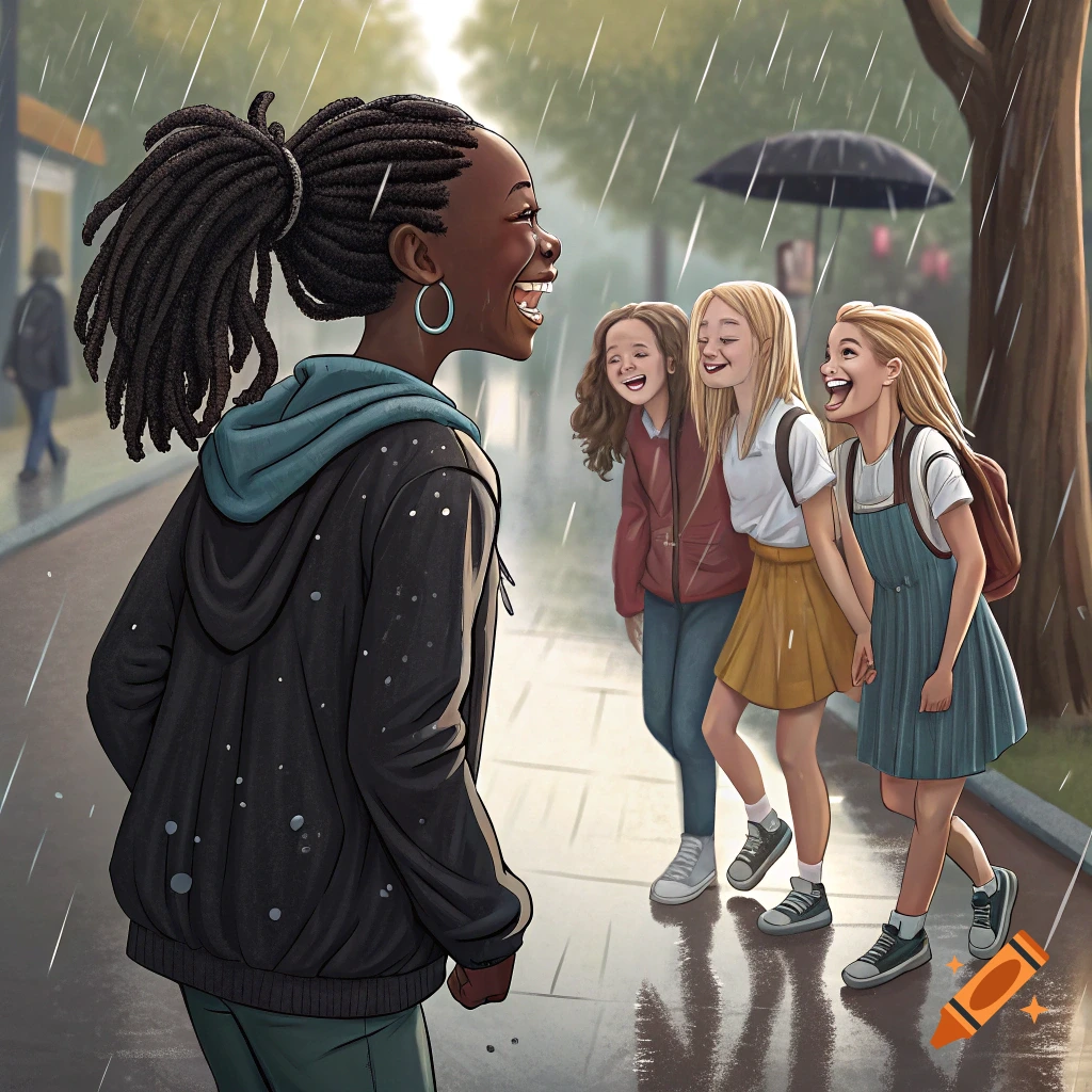 An illustration of a Black girl with dreadlocks walking away from three white girls laughing at her on a rainy street.