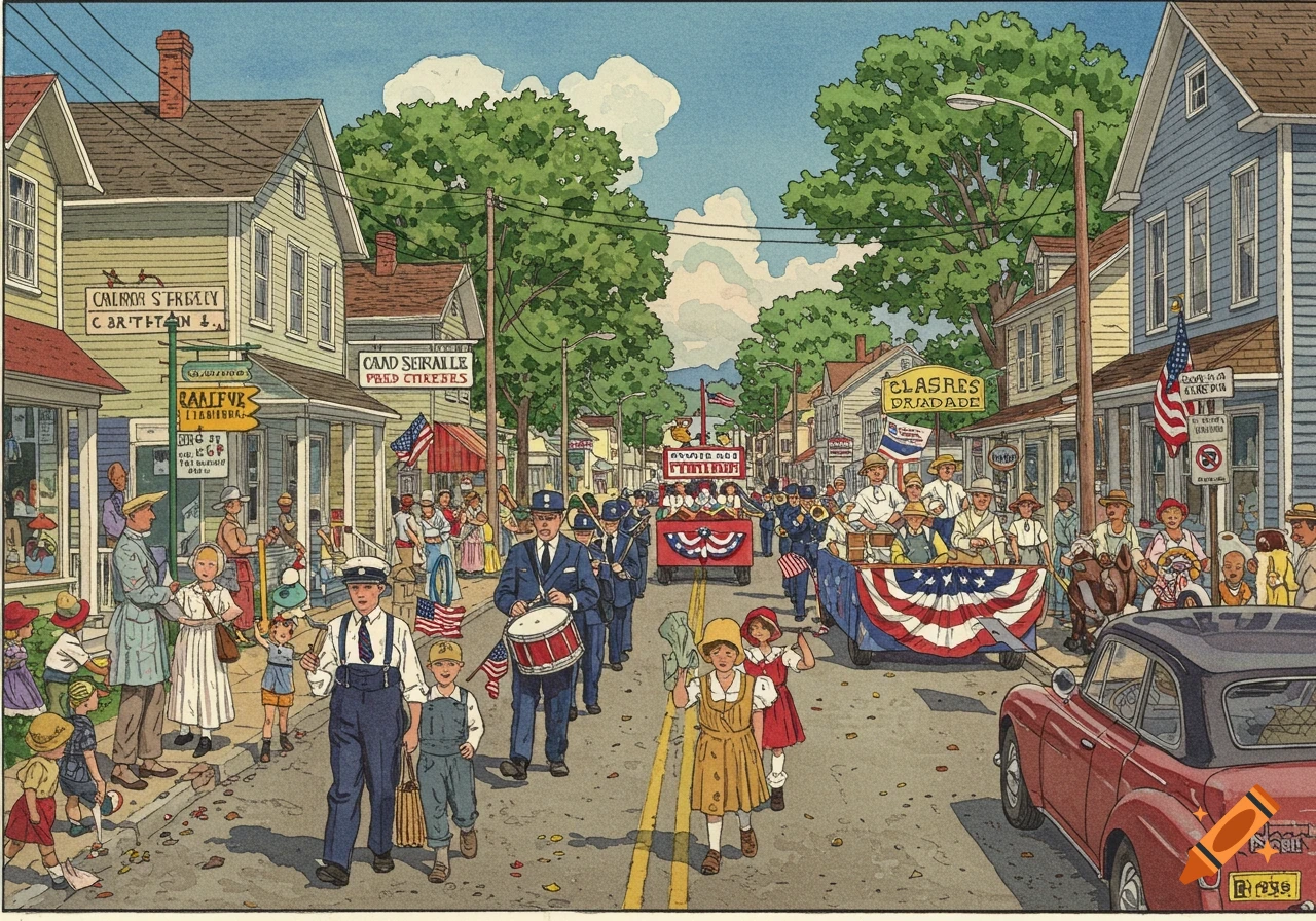 A vibrant illustration of a small town parade, with people lining the main street, a marching band, and decorated floats passing by buildings.