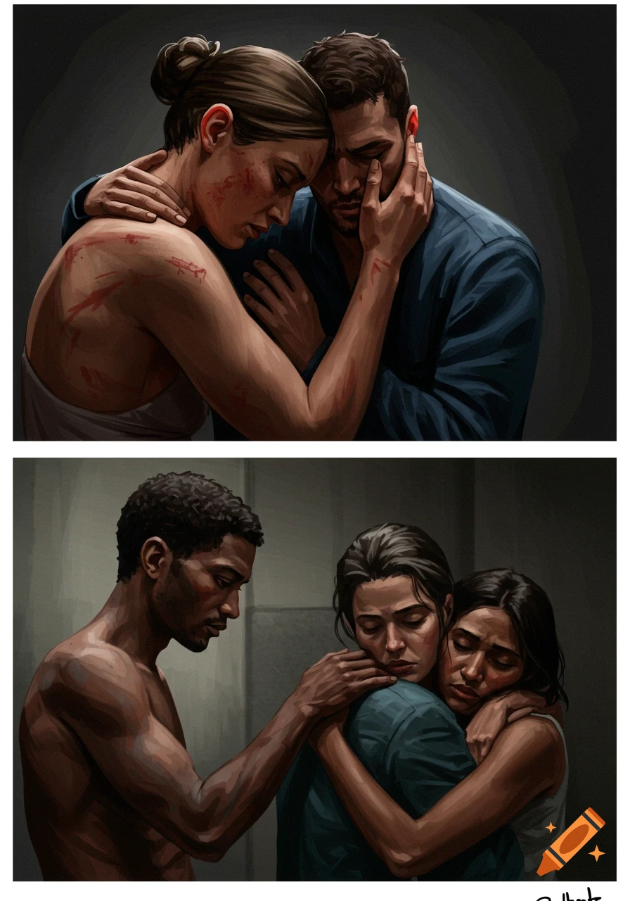 Two digital art panels depicting distressed people embracing. The top panel shows a woman with scratches embracing a man; the bottom shows a man comforting two embracing women.
