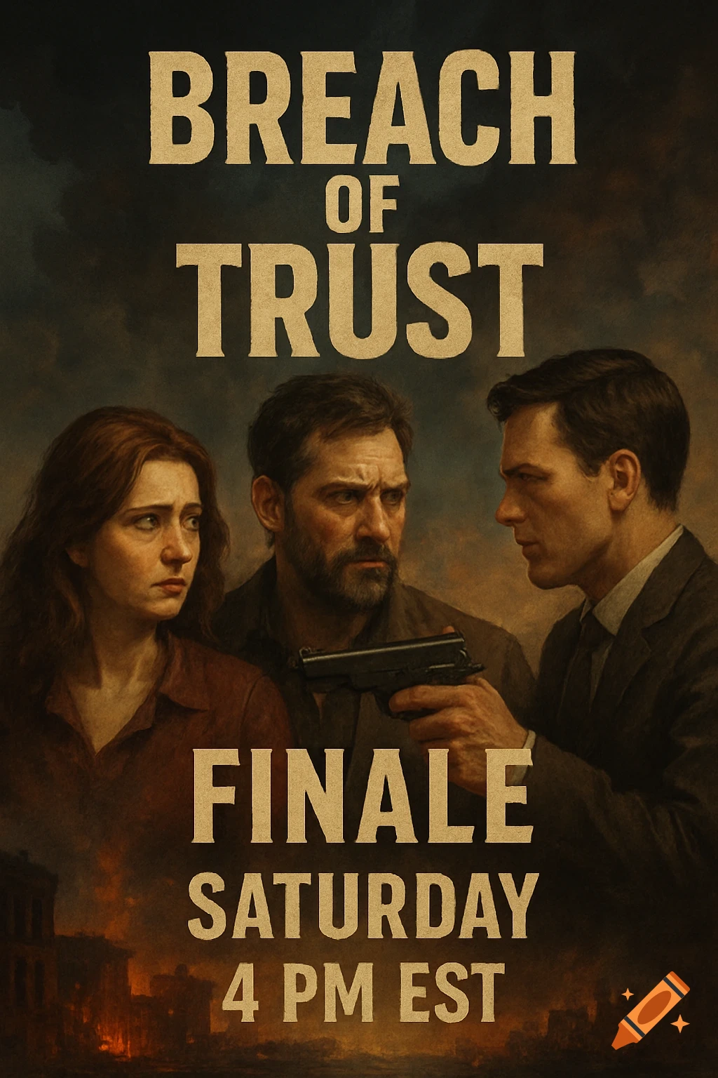 A dramatic movie poster featuring three serious-looking people, one holding a gun. Text reads 'BREACH OF TRUST FINALE SATURDAY 4 PM EST'.