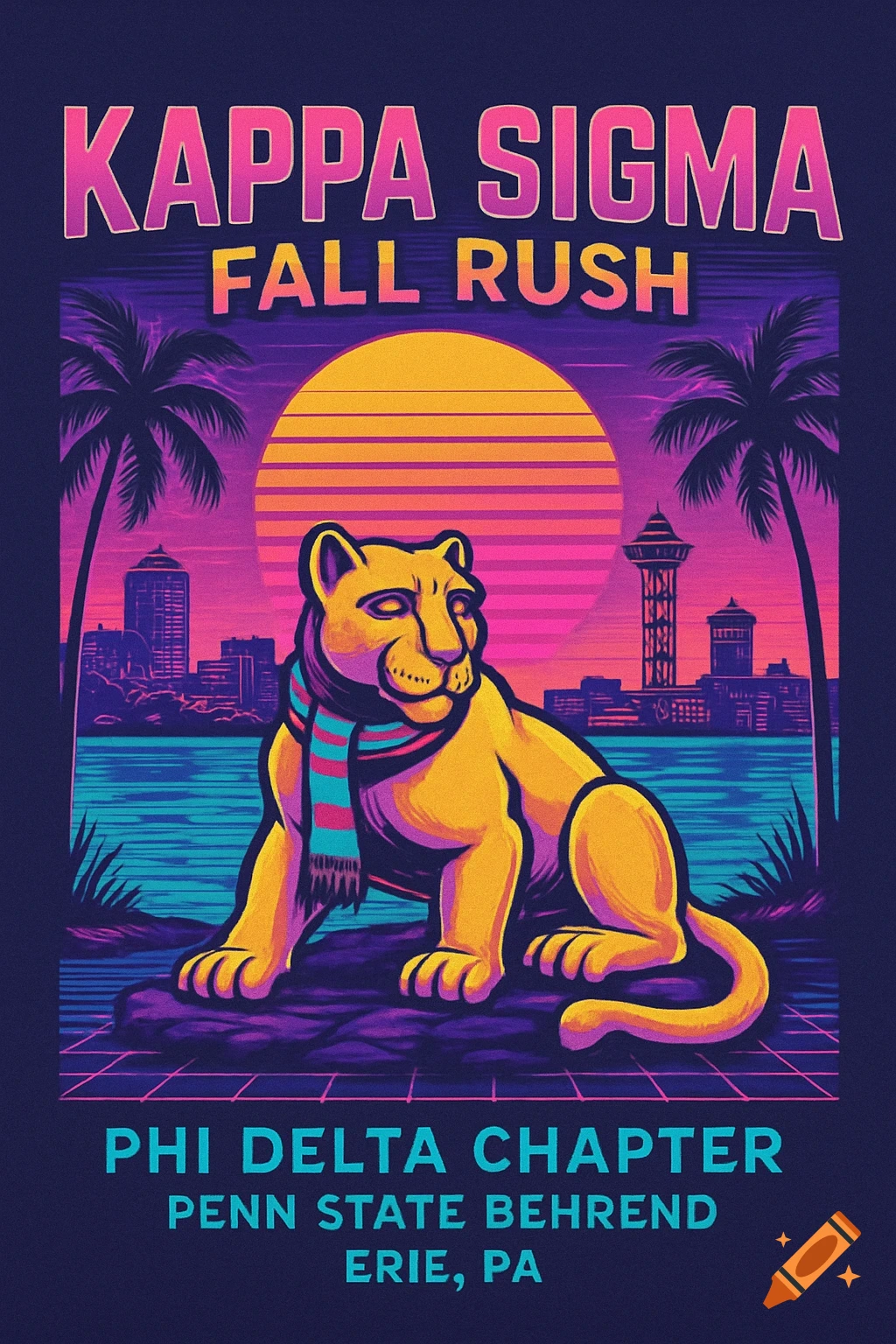 Vaporwave poster for Kappa Sigma Fall Rush, featuring a stylized lion in a scarf against a sunset, cityscape, and lake, with text for Penn State Behrend.