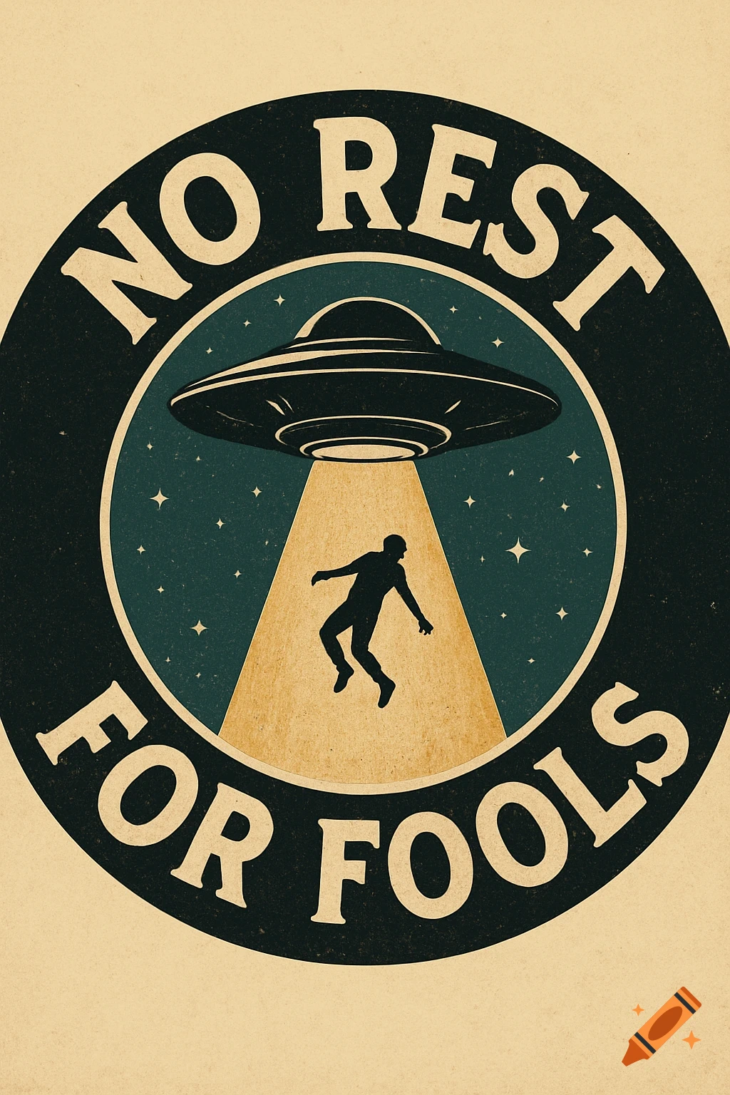A circular retro-style illustration on a beige background, featuring a dark UFO abducting a silhouetted person with a bright beam of light against a starry night sky. The text "NO REST FOR FOOLS" arcs around the image.