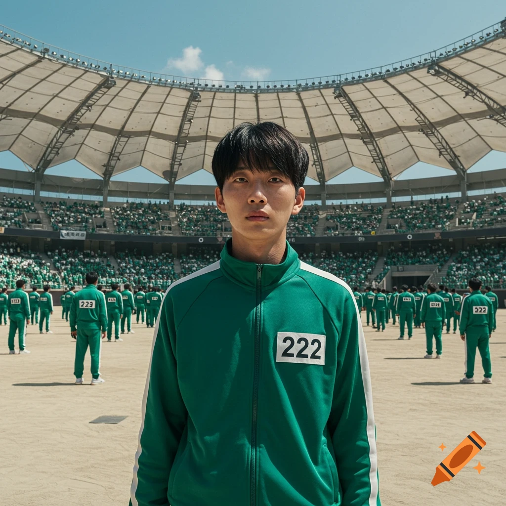 A man in a green tracksuit with '222' on his chest stands in a stadium with many other people in green tracksuits behind him.