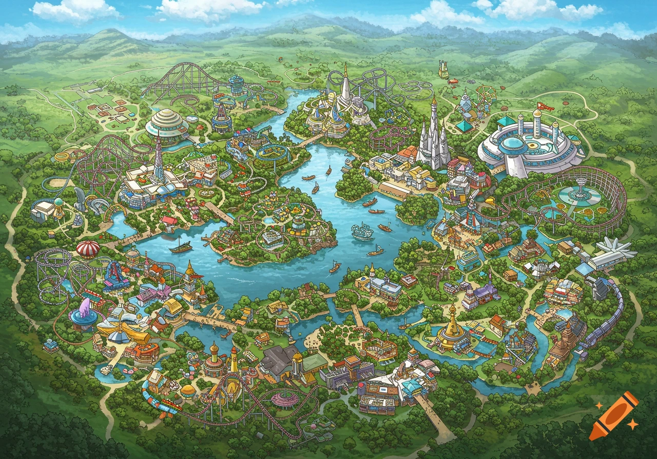 An isometric illustration of a colorful, sprawling theme park with a large lake, roller coasters, castles, and various attractions.