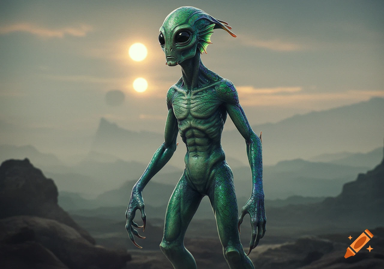 A tall, slender green alien with large black eyes and fins on its head stands on a rocky planet under two suns.